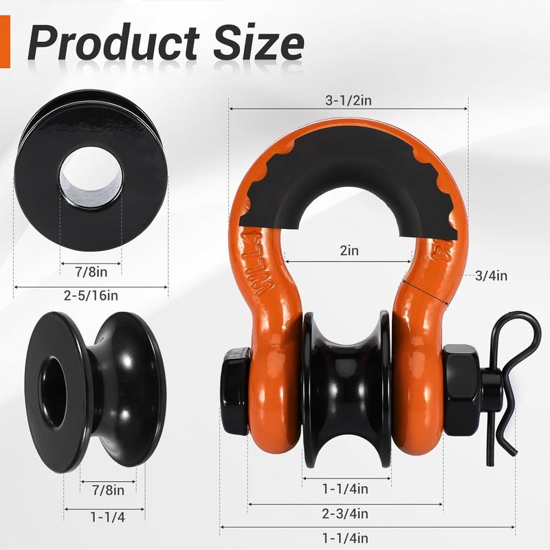 Pilida 2Pcs 3/4" D Ring Shackles with Upgraded Snatch Blocks,57,000 lbsMaximum Break Strength Heavy Duty Shackles with 7/8" Screw Pin for Road Vehicle Recovery Tow Strap Winch,Orange - Image 5